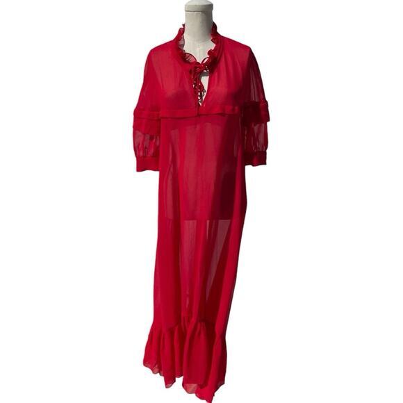 Sandro Joy Sheer Red Midi Ruffled‎ Dress EUR 40 US M Georgette High Low Designer - Picture 1 of 10